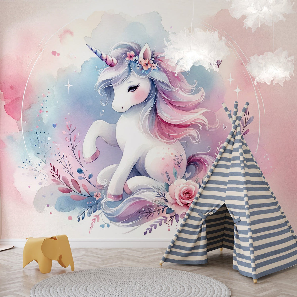 Papier peint licorne aquarelle et fleurs