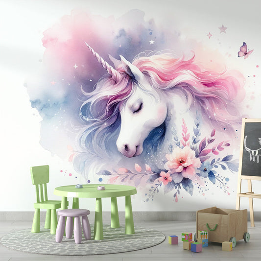 Papier peint licorne aquarelle papillons et fleurs