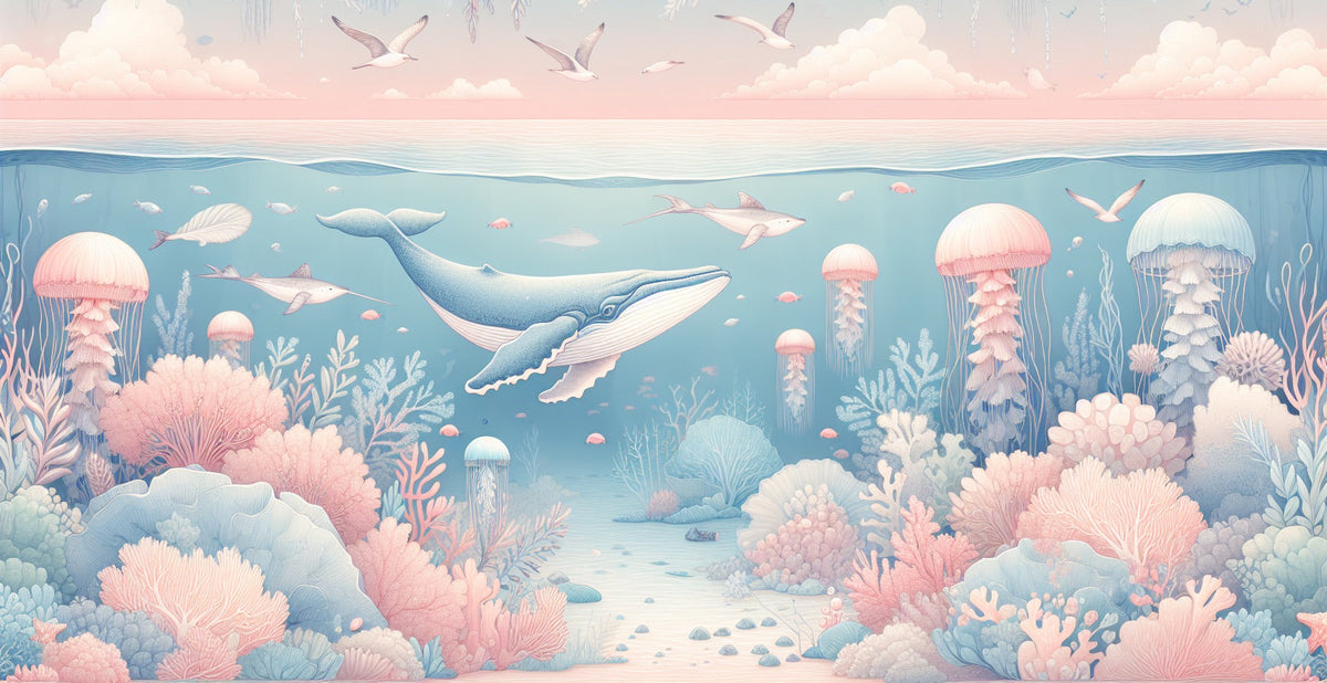 Papier peint marin méduses baleines et coraux