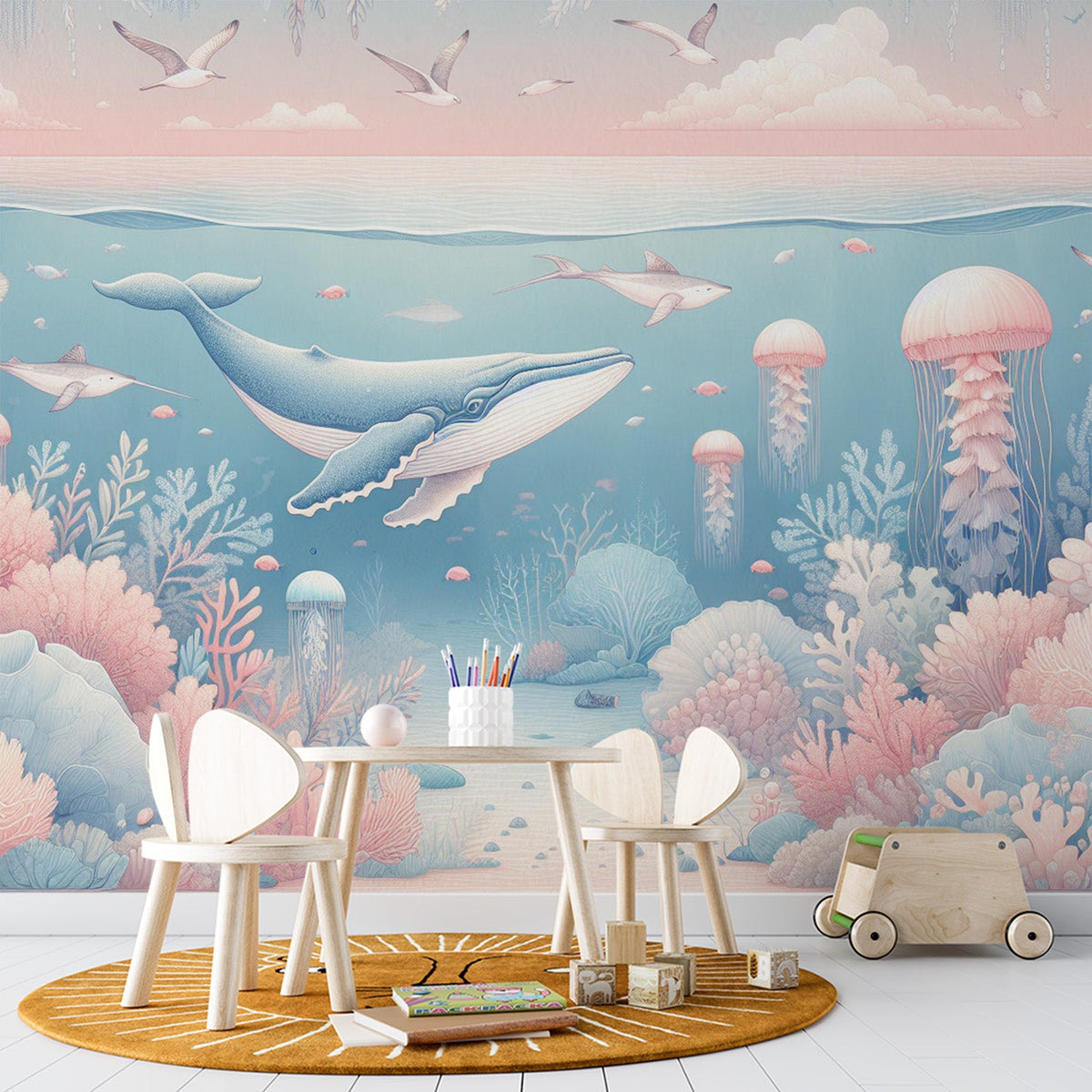 Papier peint marin méduses baleines et coraux