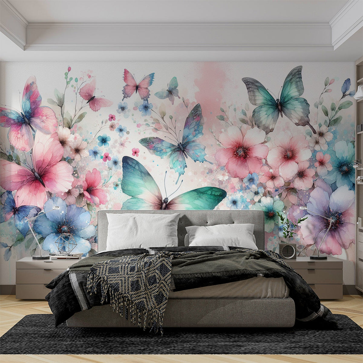 Papier peint papillons aquarelle fleurs roses