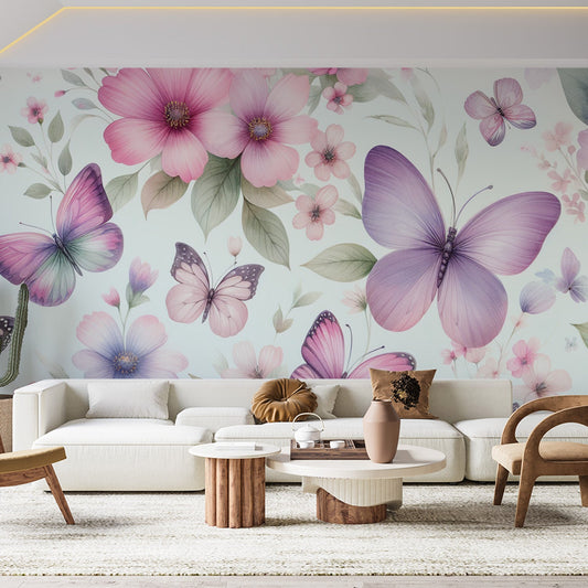 Papier peint papillons et fleurs violettes