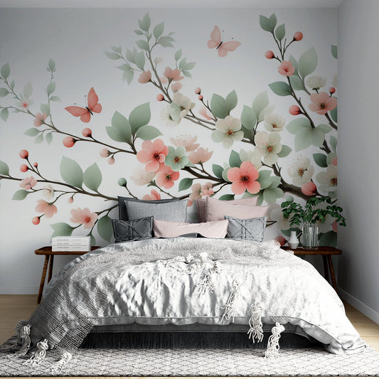 Papier peint papillons et fleurs de cerisier