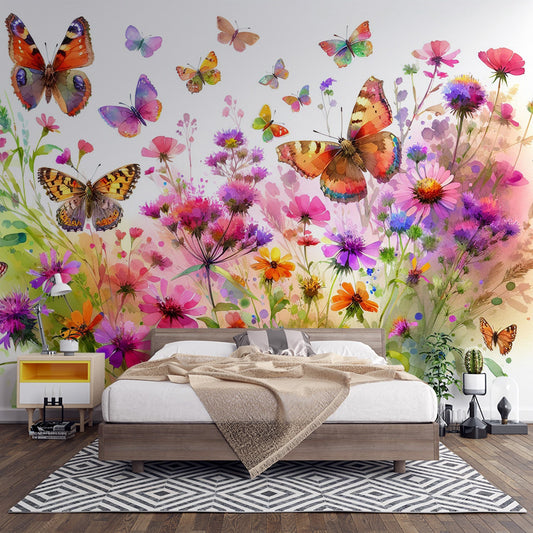 Papier peint papillons fleurs des champs