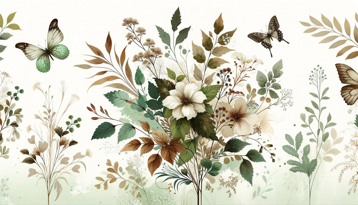 Papier peint papillons vintage fleurs et feuilles