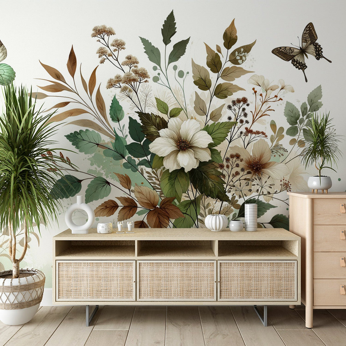 Papier peint papillons vintage fleurs et feuilles