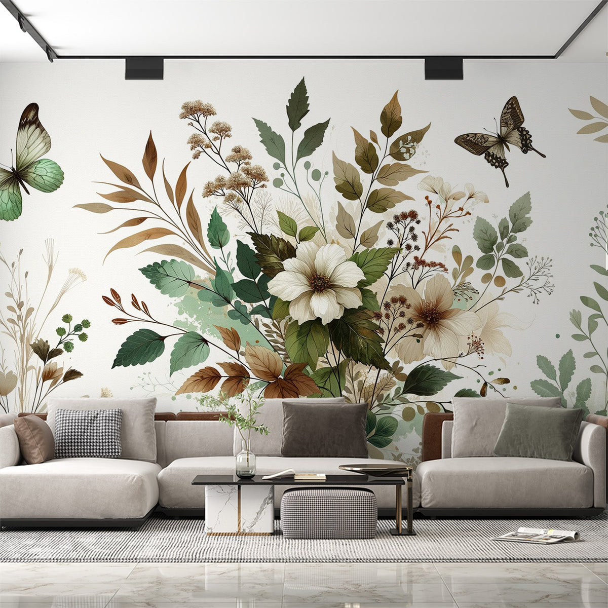 Papier peint papillons vintage fleurs et feuilles