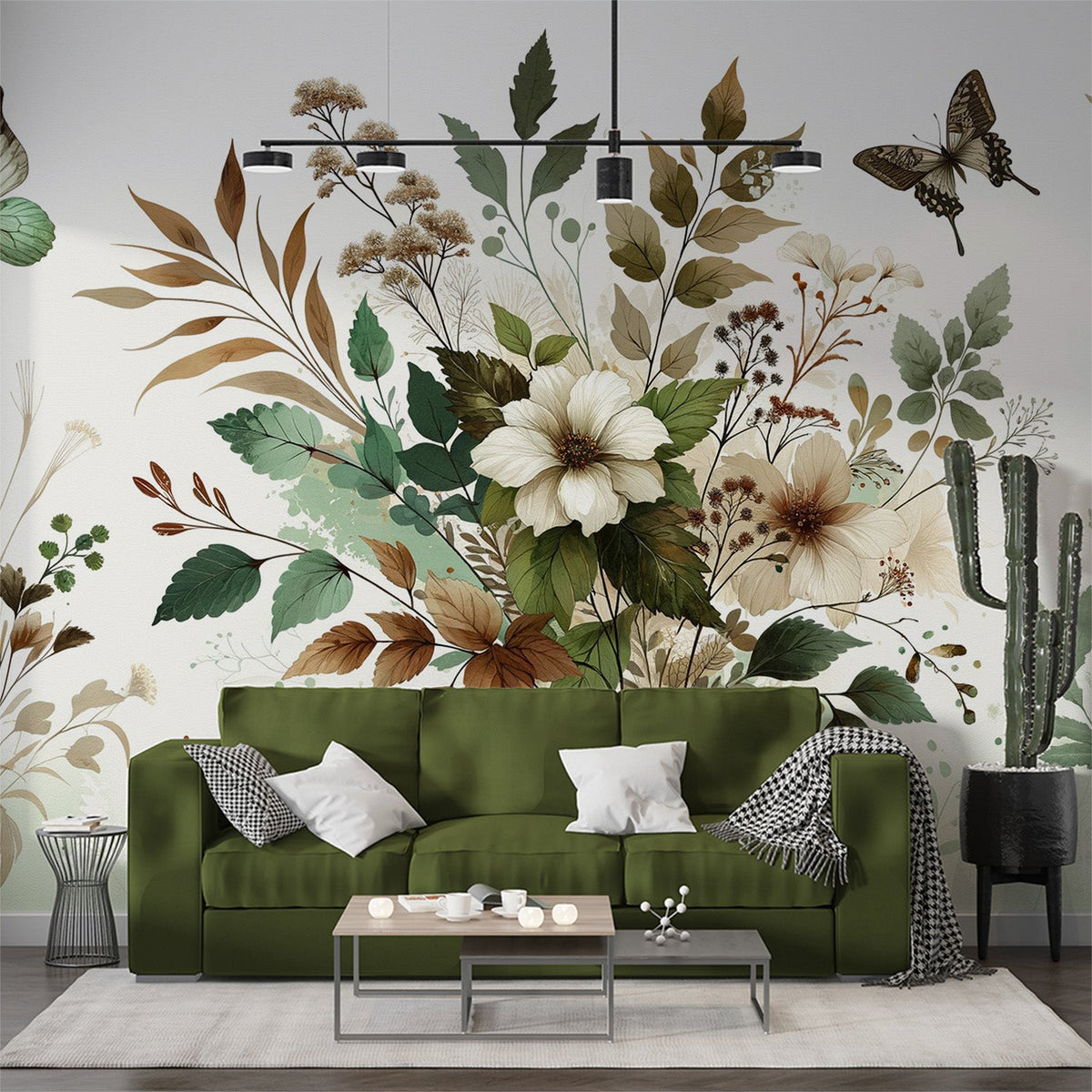 Papier peint papillons vintage fleurs et feuilles