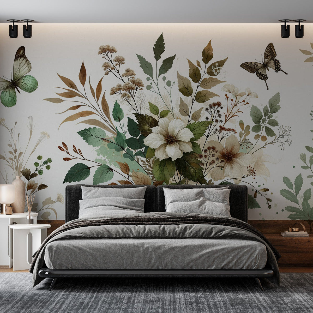 Papier peint papillons vintage fleurs et feuilles