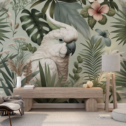 Papier peint perroquet cacatoès blanc jungle