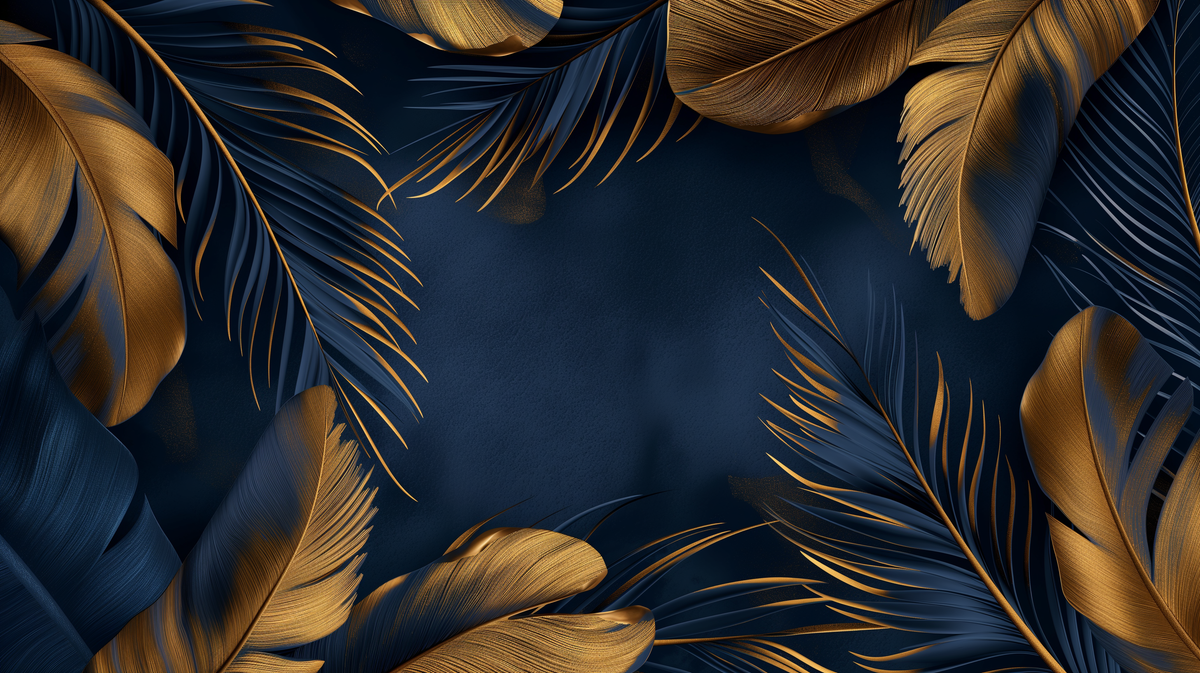 Papier peint plumes bleu et doré