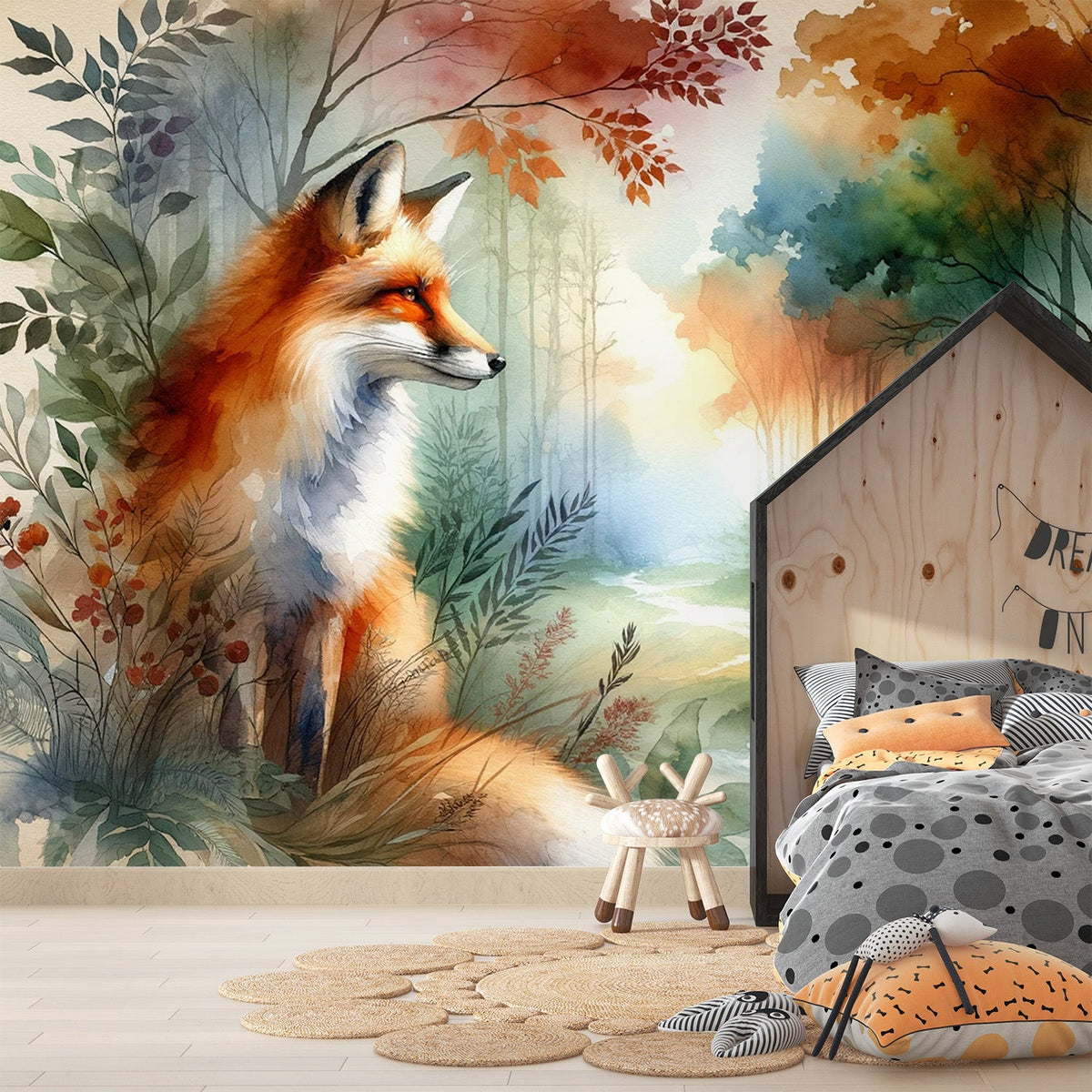 Papier peint renard aquarelle forêt fleurie