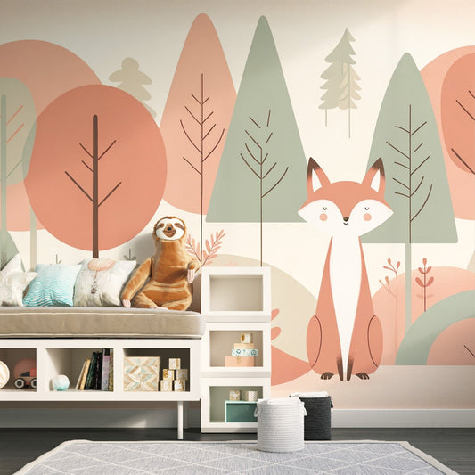 Papier peint renard bébé forêt colorée
