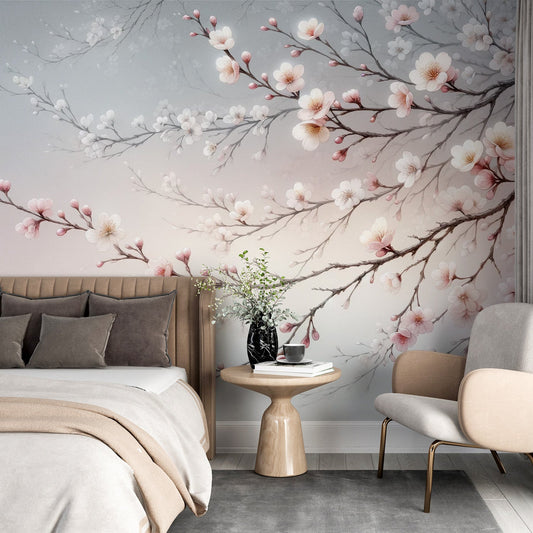 Papier peint sakura rose dégradé bleu