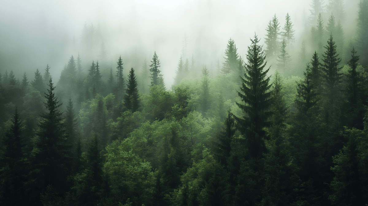Papier peint sapin forêt nordique brume