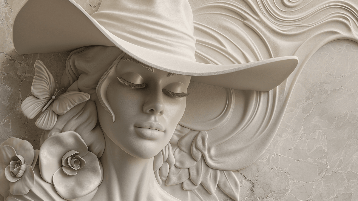 Papier peint trompe-l'œil sculpture femme au chapeau