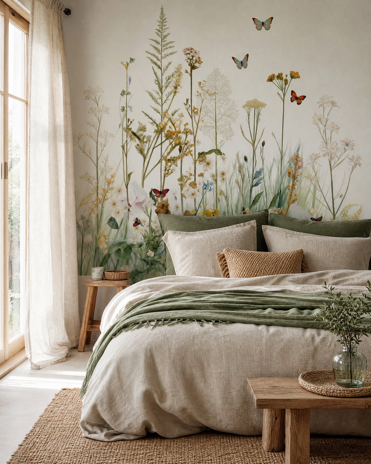 Papier peint fleurs sauvages et papillons