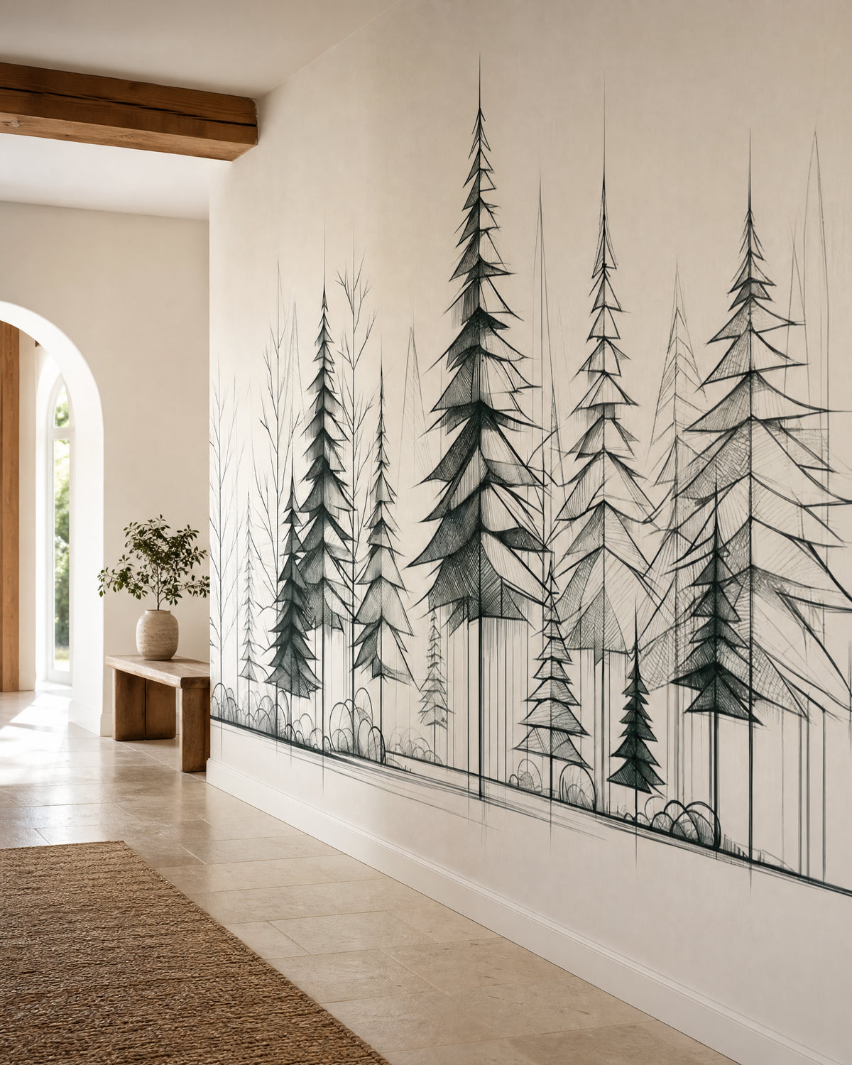 Papier peint arbre forêt de sapins noir et blanc