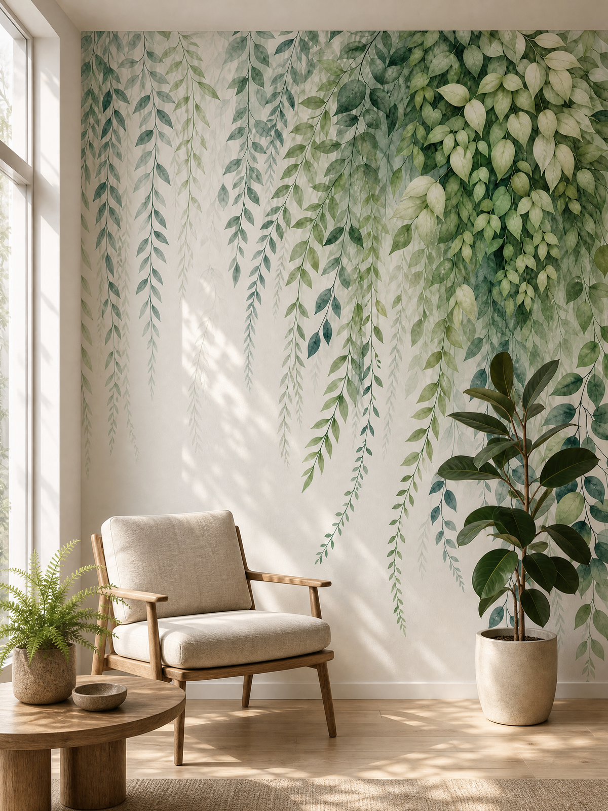 Papier peint feuillage vert tombée de feuilles