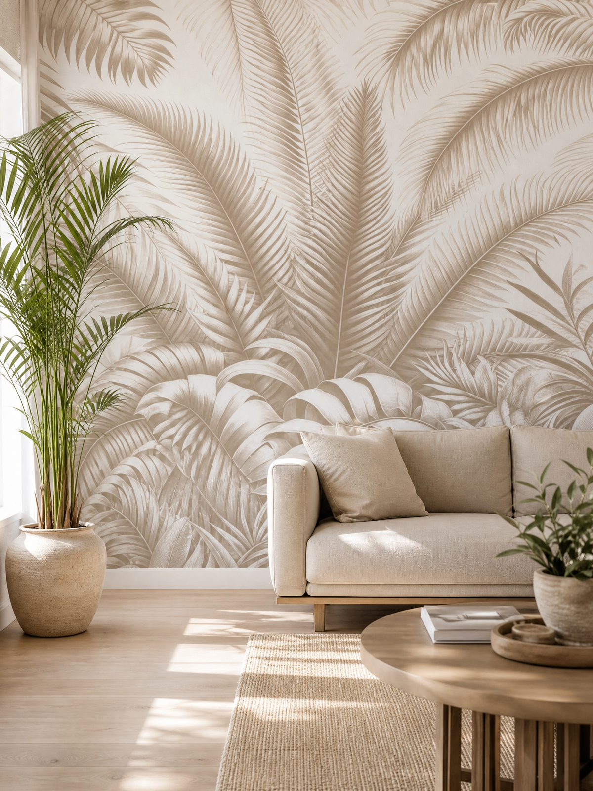 Papier peint feuillage beige jungle de feuilles