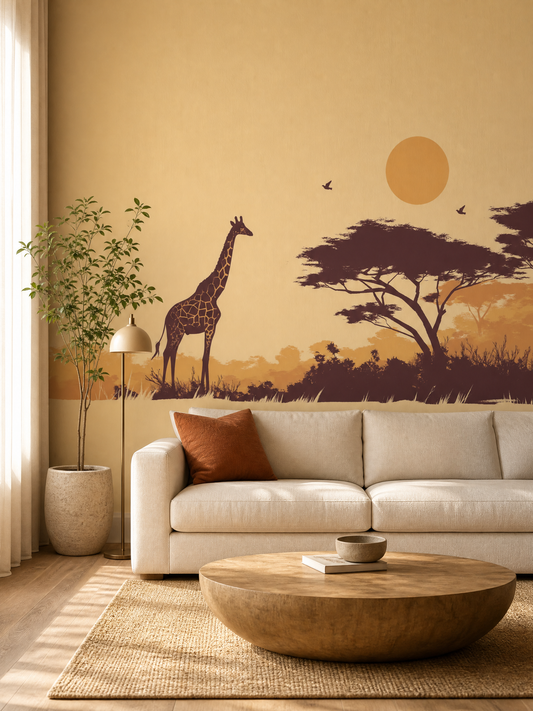 Papier peint girafe coucher de soleil savane