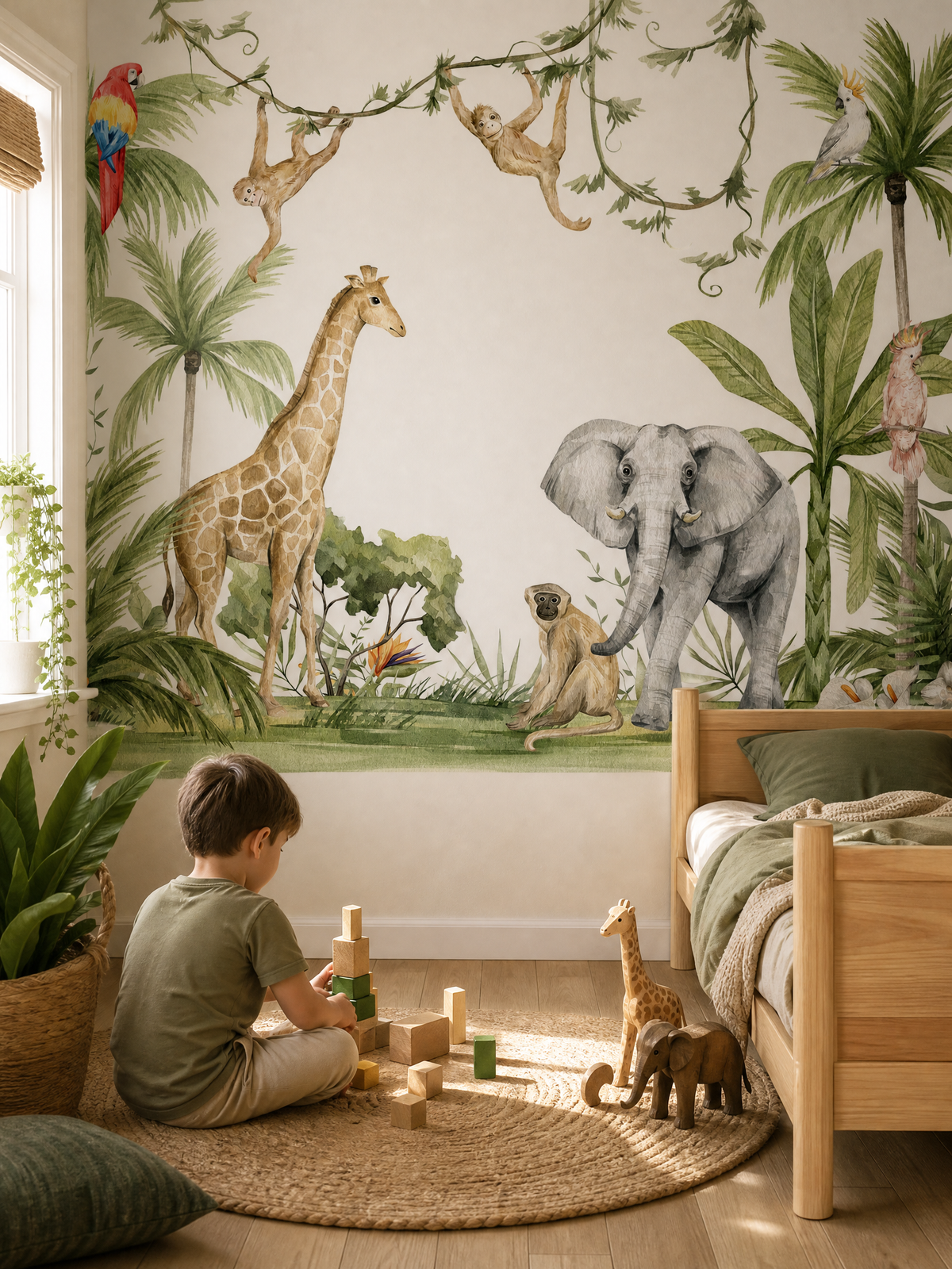 Papier peint jungle enfant girafe et éléphant
