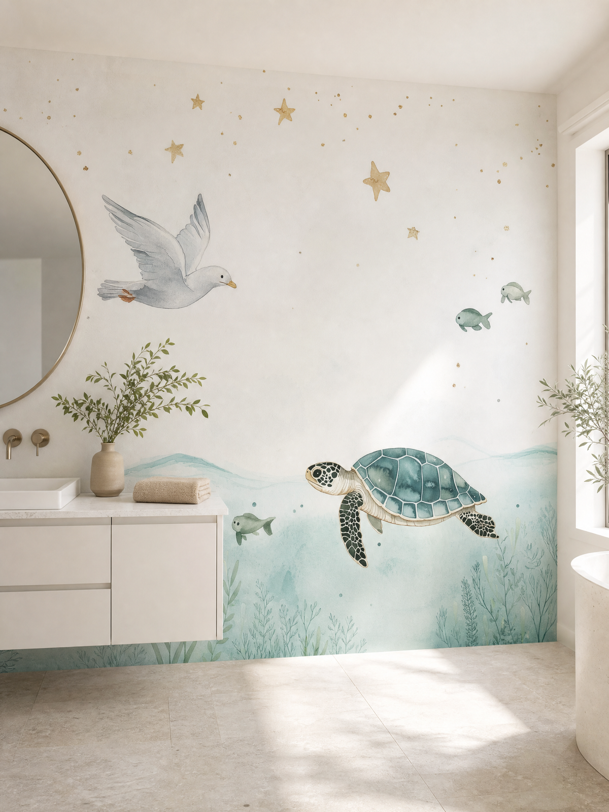 Papier peint océan tortue et étoiles dorées