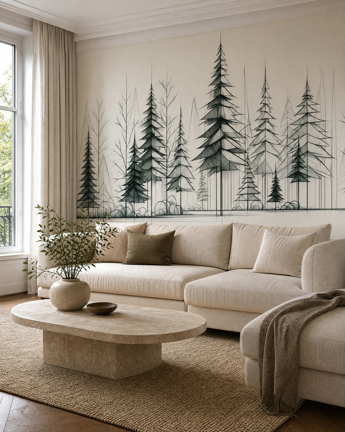 Papier peint arbre forêt de sapins noir et blanc