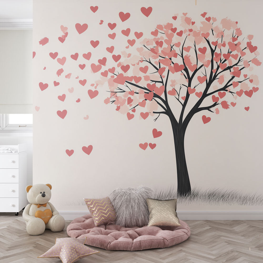Papier peint arbre en cœurs romantique