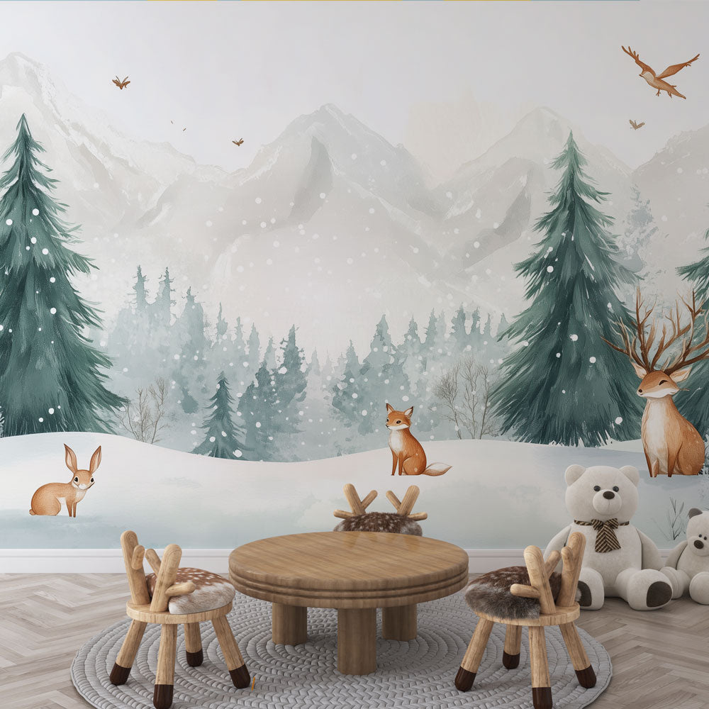 Papier peint enfant animaux forêt enchantée d'hiver