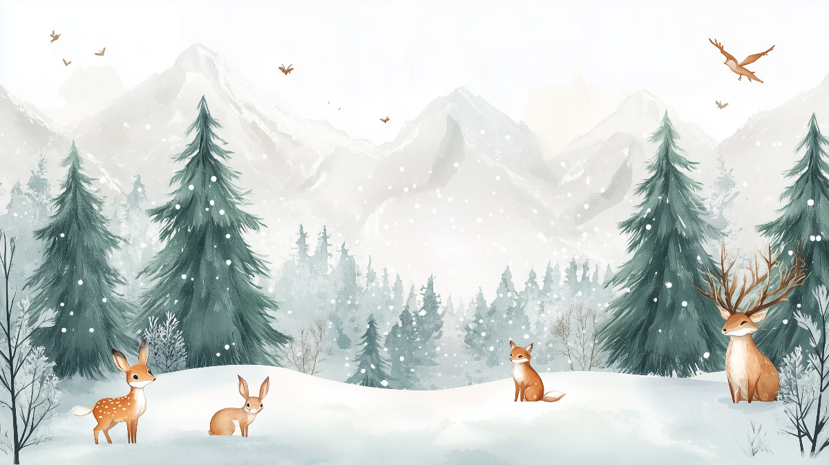 Papier peint enfant animaux forêt enchantée d'hiver