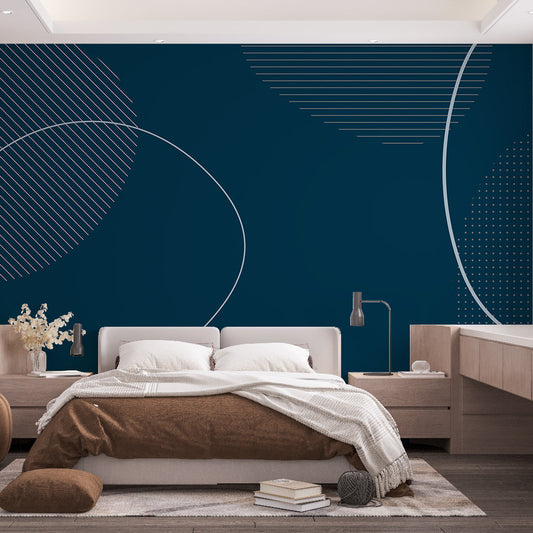 Papier peint géométrique cercles et rayures bleus