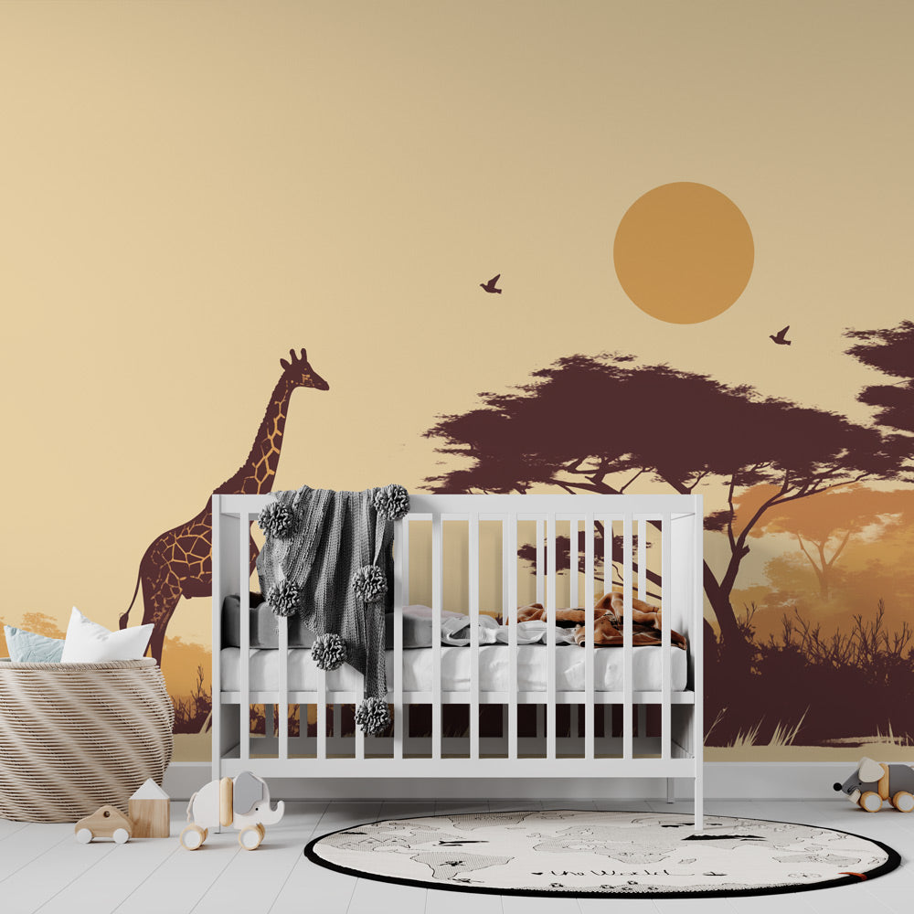 Papier peint girafe coucher de soleil savane