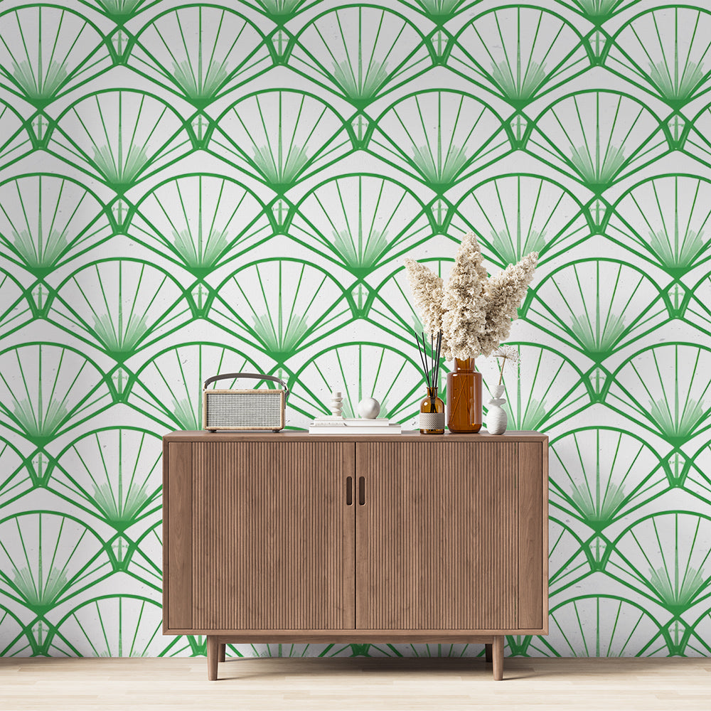 Papier peint art déco éventails vert