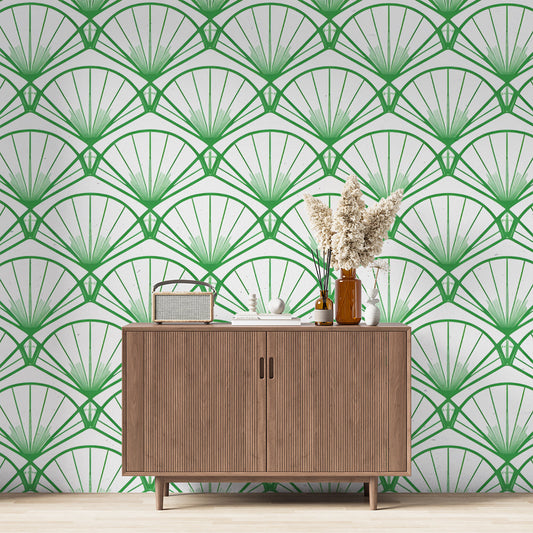 Papier peint art déco éventails vert
