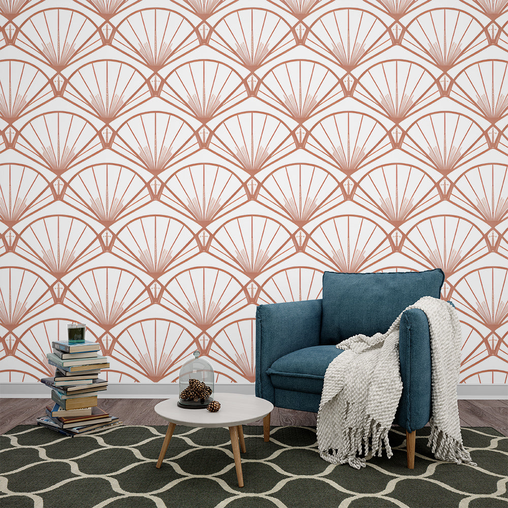 Papier peint art déco éventails terracotta