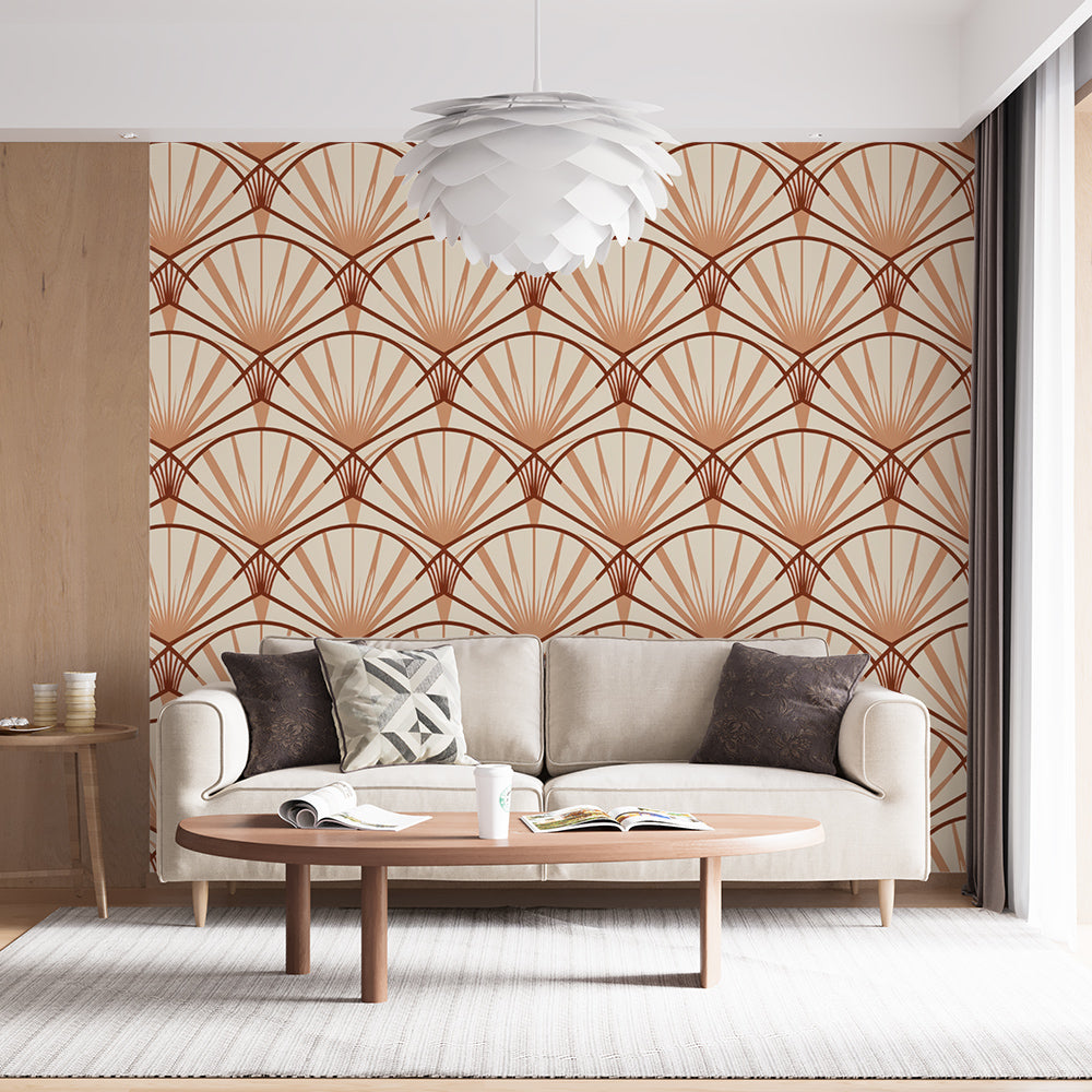 Papier peint art déco éventails marron
