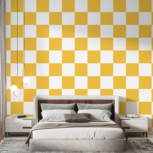 Papier peint carreaux jaune et blanc
