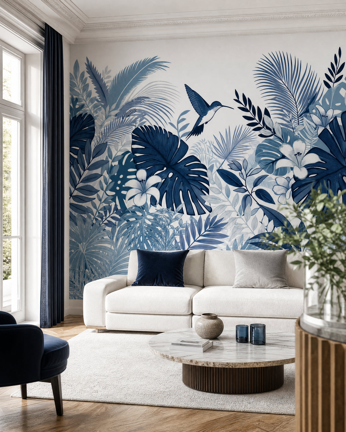 Papier peint jungle bleu canard