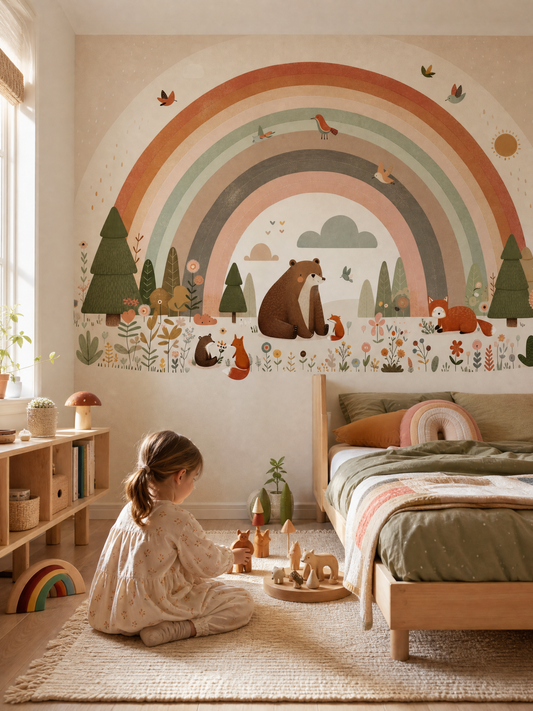 Papier peint arc-en-ciel et animaux de la forêt