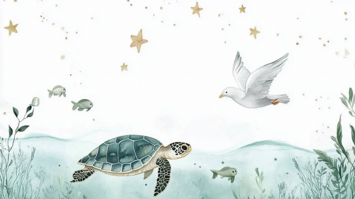 Papier peint océan tortue et étoiles dorées