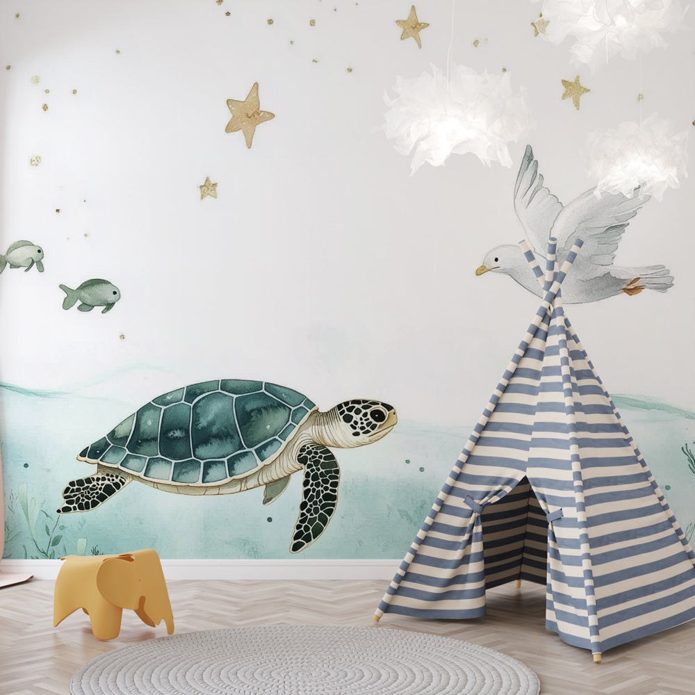 Papier peint océan tortue et étoiles dorées