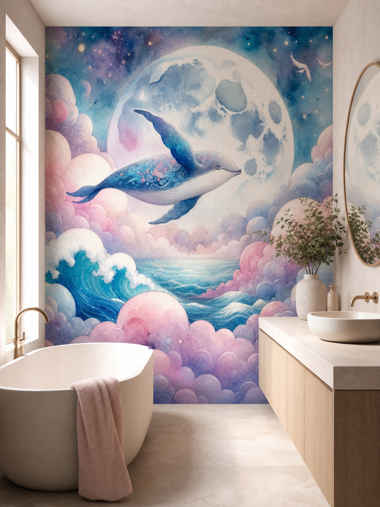Papier peint baleine nuage rose et pleine lune