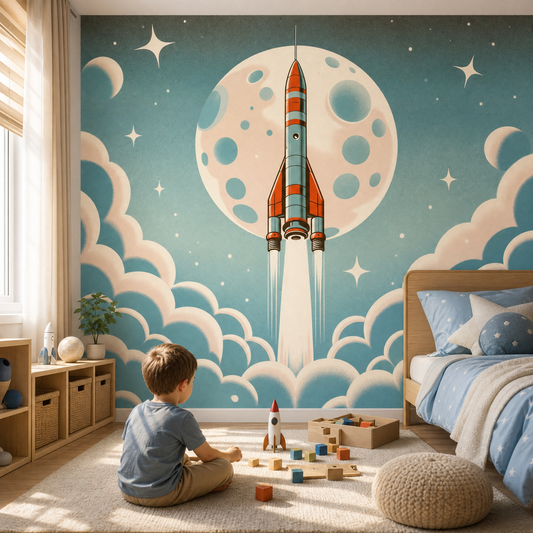 Papier peint espace fusée vers la lune