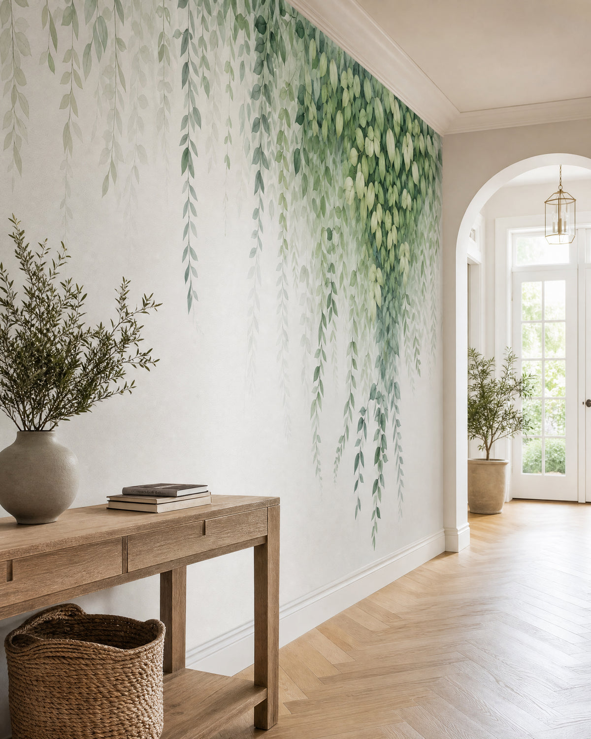 Papier peint feuillage vert tombée de feuilles