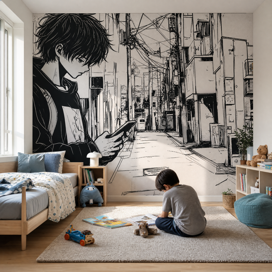 Papier peint manga rue urbaine noir et blanc