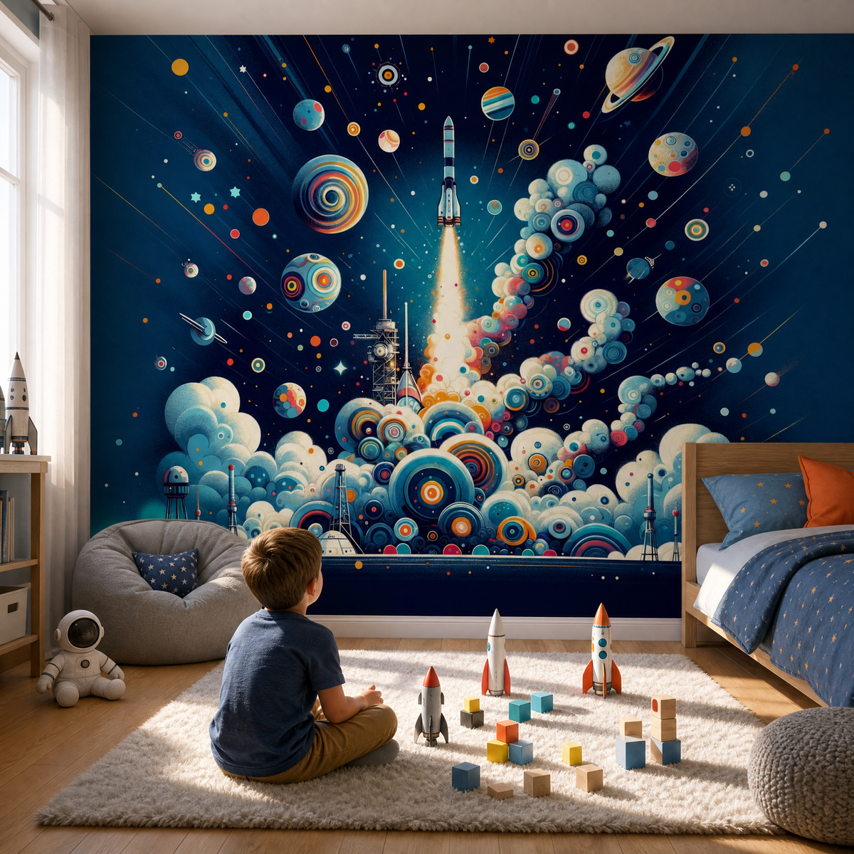 Papier peint espace fusée géométrique
