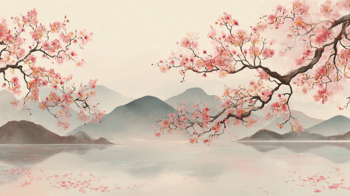 Papier peint paysage japonais cerisiers