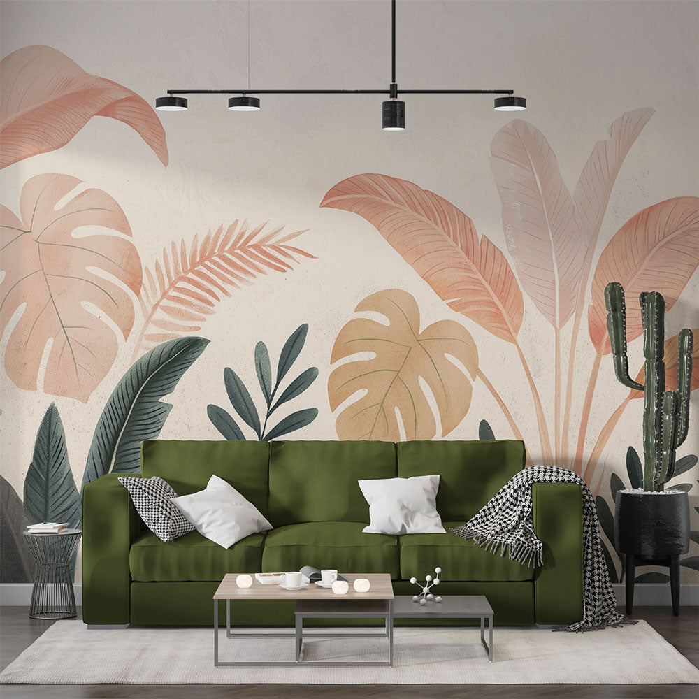 Papier peint feuillage tropical pastel