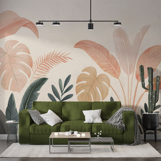 Papier peint feuillage tropical pastel